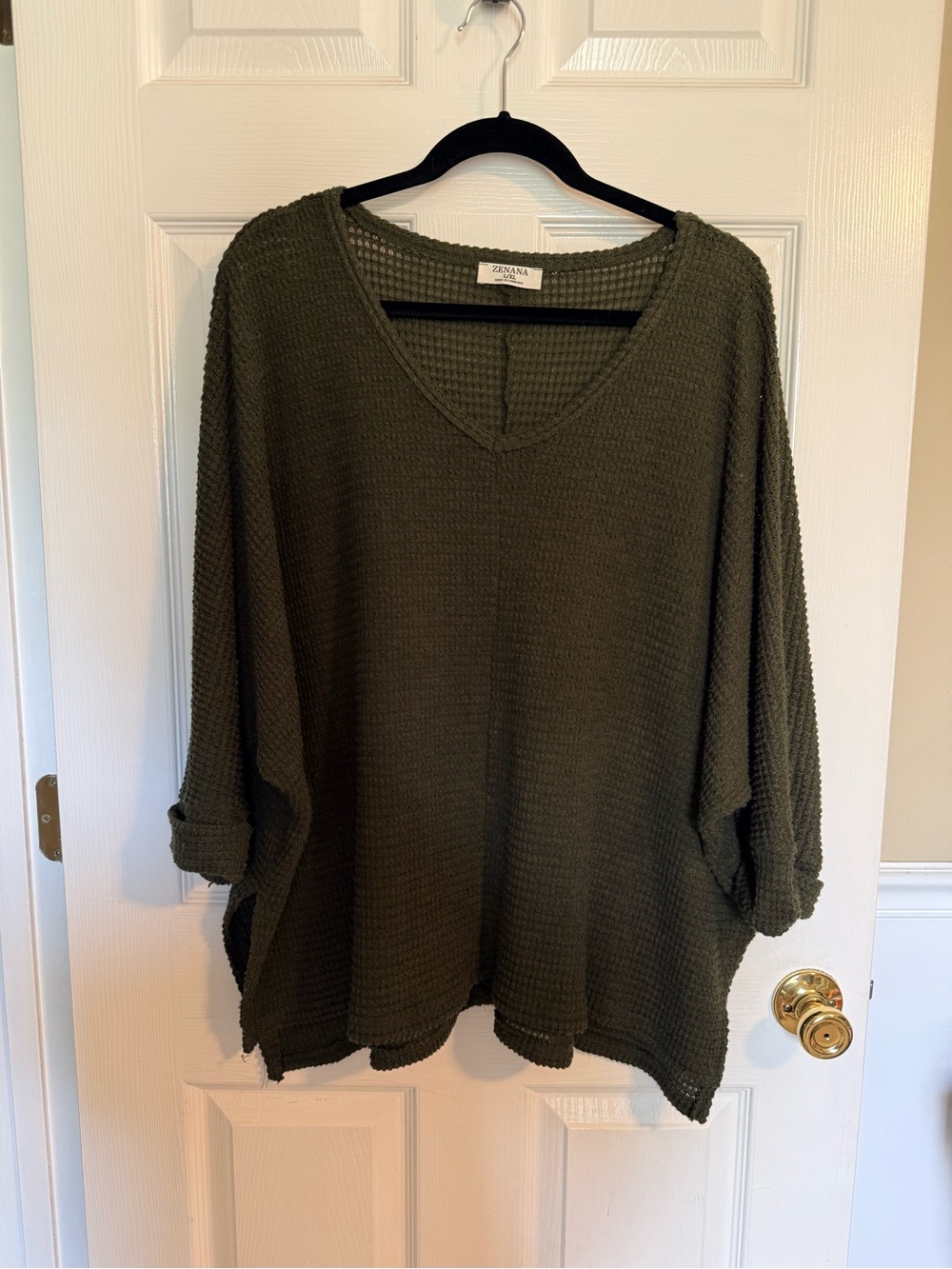 Zenana Outfitters Olive Green V-Neck Waffle Knit Pullover